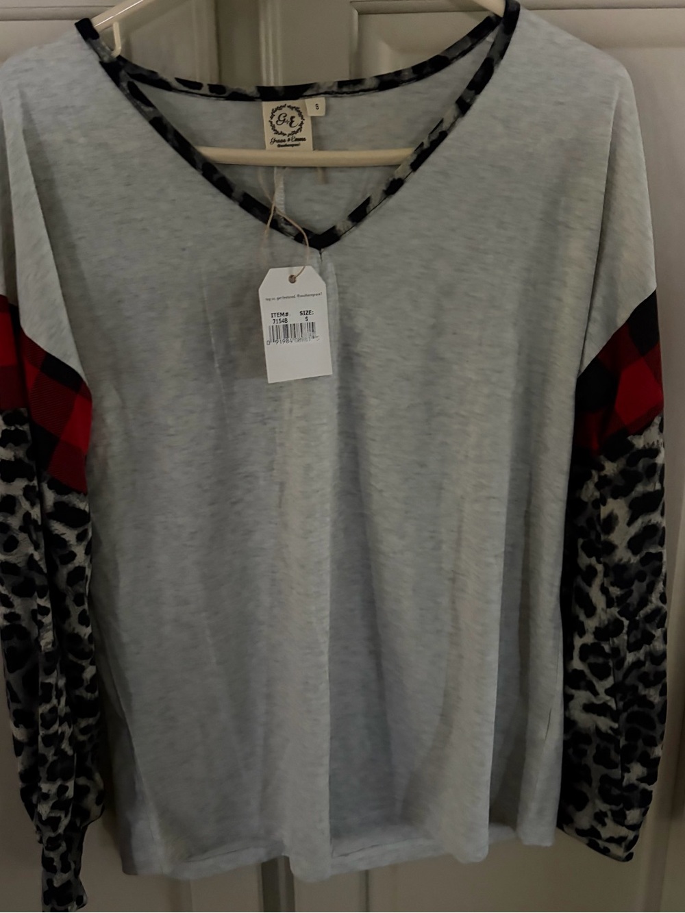 Grace & Emma top light grey, black and red plaid along with leopard print NWT
